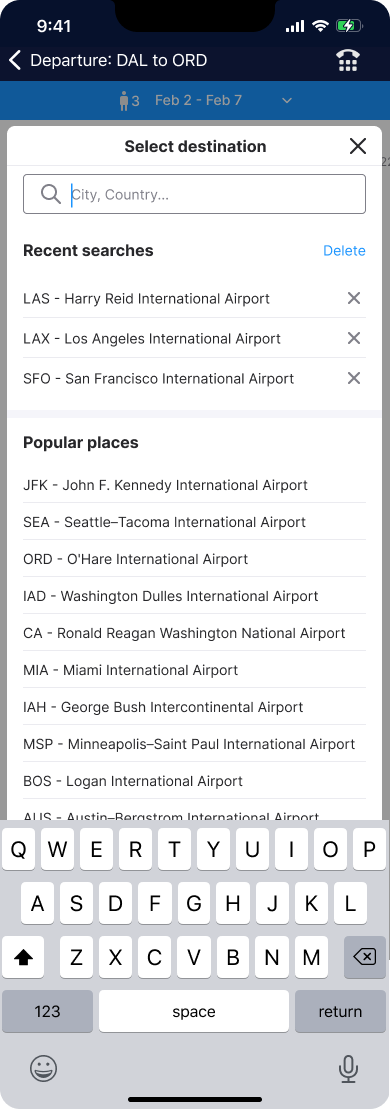 TakeOff Search destinations screen