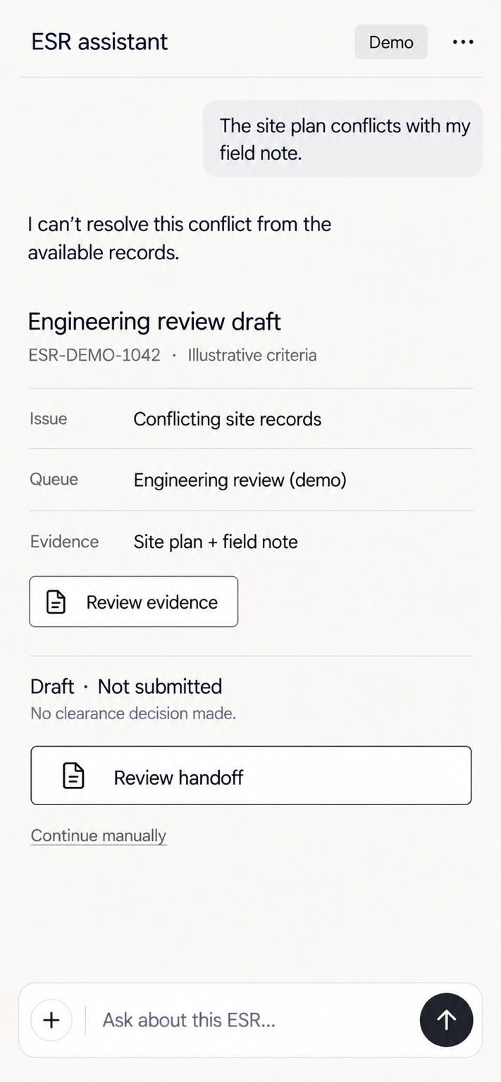 Mobile demo of conflicting evidence and engineering handoff