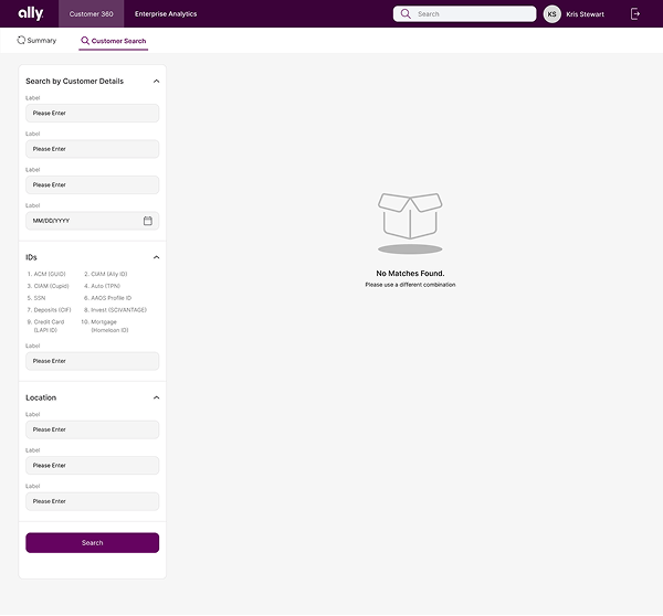 Search filters panel with no matches found state