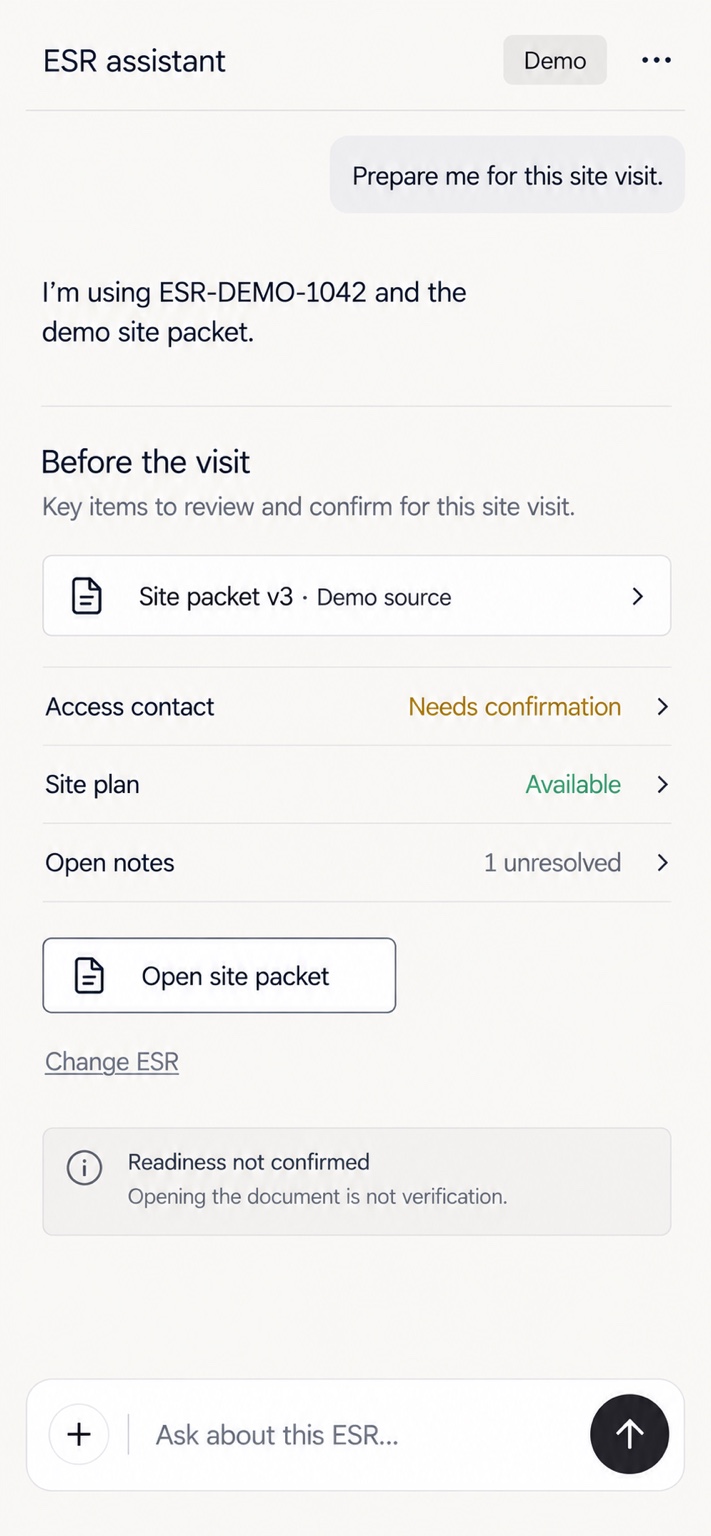 Mobile demo preparing a site visit with an unresolved access contact