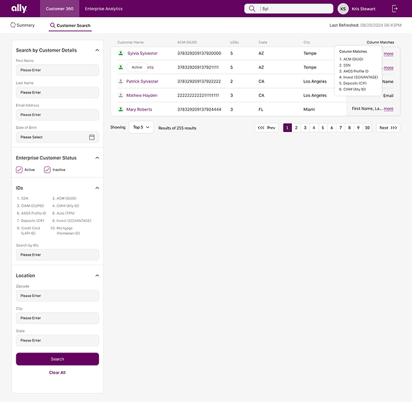 Customer search results with column matches panel
